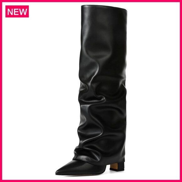 Knee High Slouchy Boots Pointed Toe Chunky Heel Fold Over